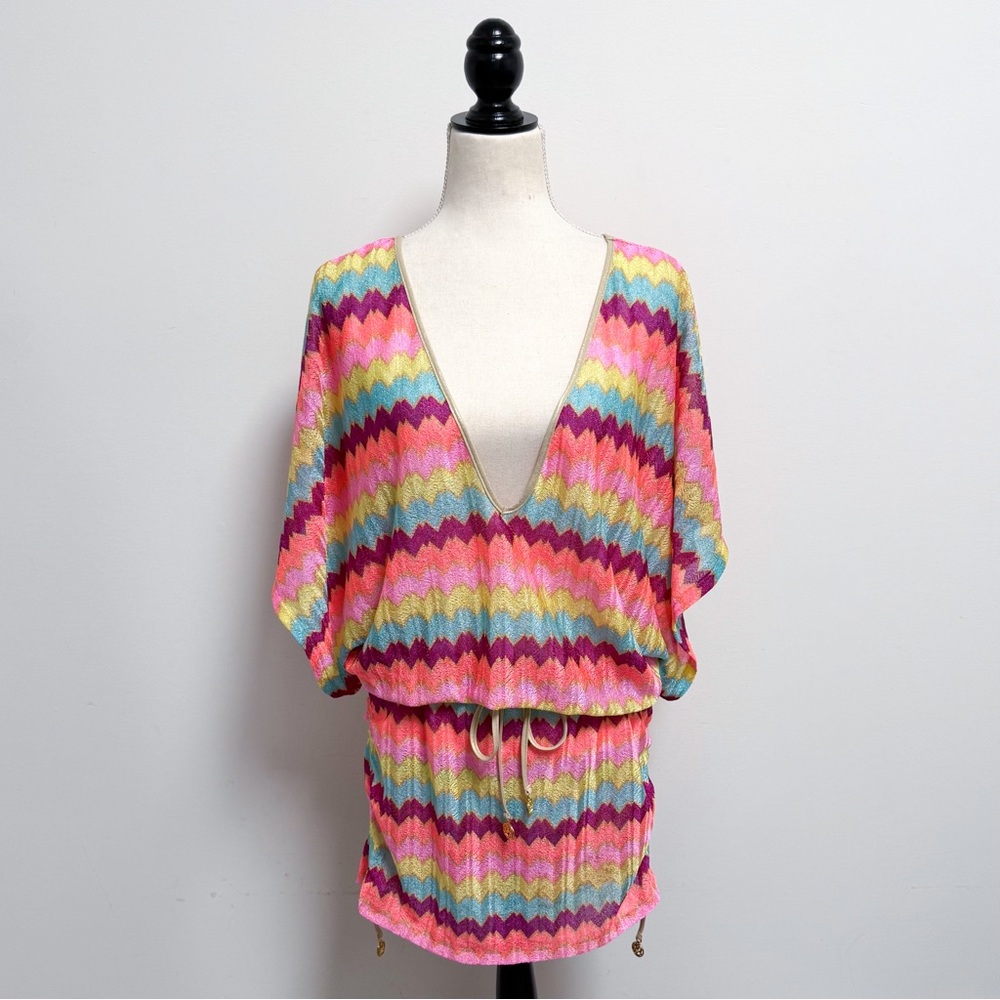 Luli Fama Cabana Chevron V Neck Kimono Short Sleeve Blouson Mini Coverup Dress